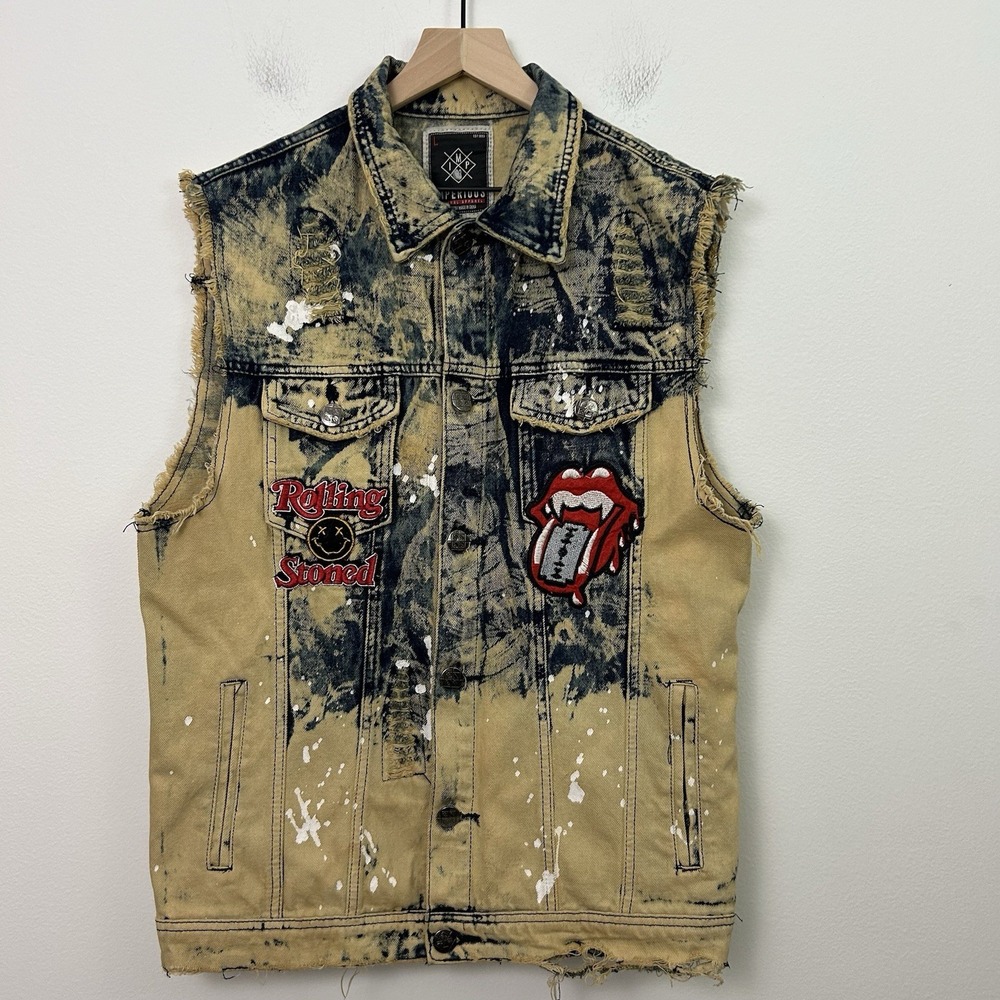 Imperious‎ Mens Denim Vest Jean Large Distressed Acid Wash Rocker Streetwear
